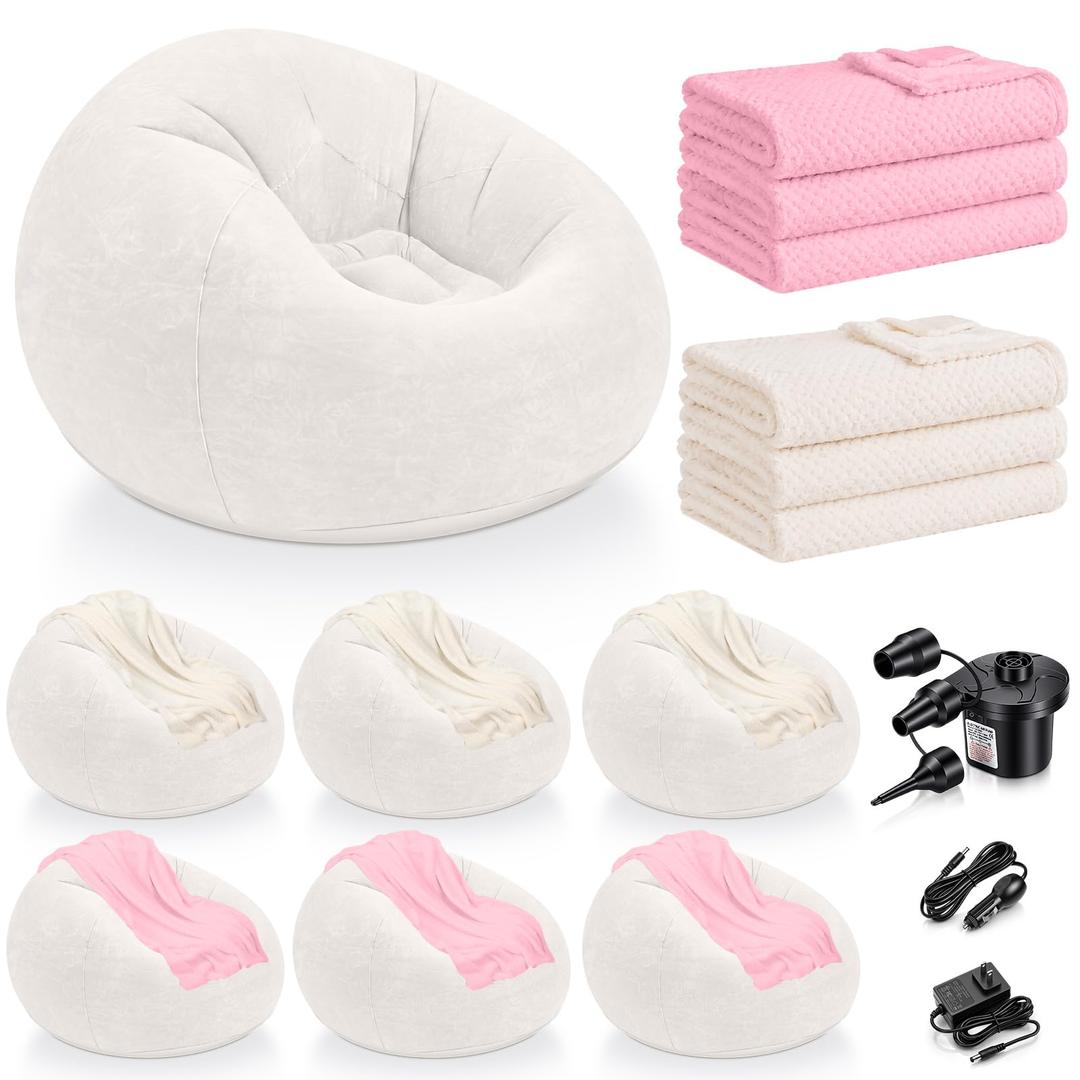 Huwena 12 Pcs Inflatable Bean Bag Chair Set with Blankets & Pump, Beige