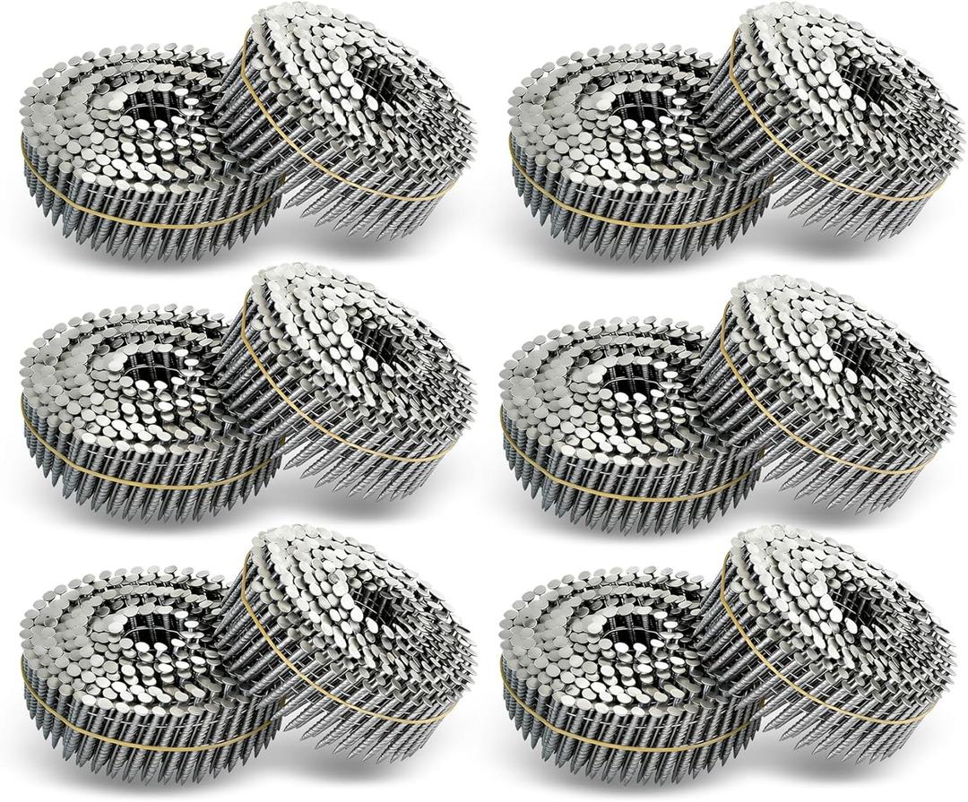 waltyotur 3600 Count Stainless Steel Coil Roofing Ring Shank Siding Nails 15-Degree Collated Wire Coil 2 Inch, 0.09 Inch Ring Shank, Small Cap Coil Stud Siding Nails