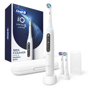Oral-B iO Deep Clean + Whiten Rechargeable Electric Toothbrush with Visible Pressure Sensor, 2 Minute Timer, 5 Cleaning Settings, 1 iO5 Limited, 3 Toothbrush Heads, Travel Case & Refill Holder, White 