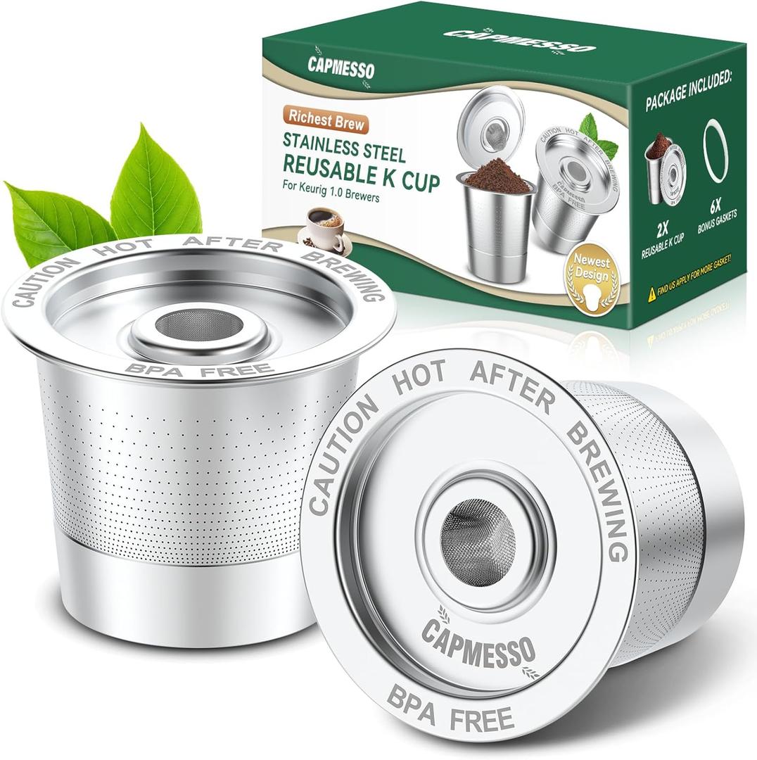 CAPMESSO Reusable K Cups Coffee Pods for Keurig 1.0: Stainless Steel Refillable K Cup - Reusable Coffee Filter for Keurig 1.0 Coffee Maker, Permanent, Eco-Friendly, Innovative Design (2 Pack)