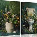 2Pcs Dark Green Bathroom Canvas Wall Art Botanical Toilet Moody Wildflowers Posters Prints Vintage Flowers Wall Pictures Decor for Bathroom Toilet Washroom Decorations (16"L x 12"W Canvas)