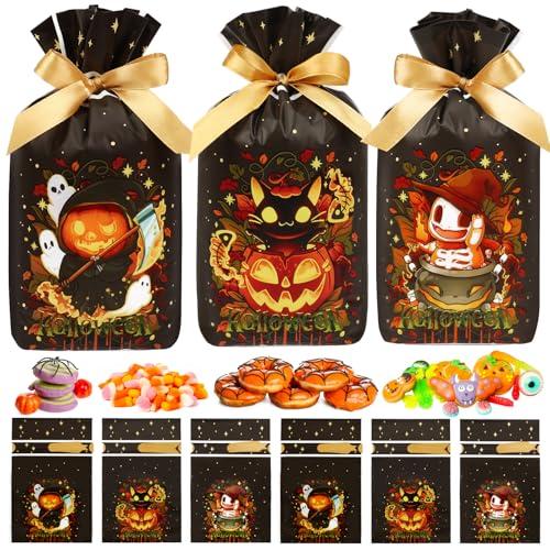 Shintop Halloween Treat Bags, 50PCS Drawstring Goodie Candy Bags Reusable Plastic Gift Pouches Party Supplies for Trick or Treat Cookies Sweets(Tricksters, Skulls, Cats)