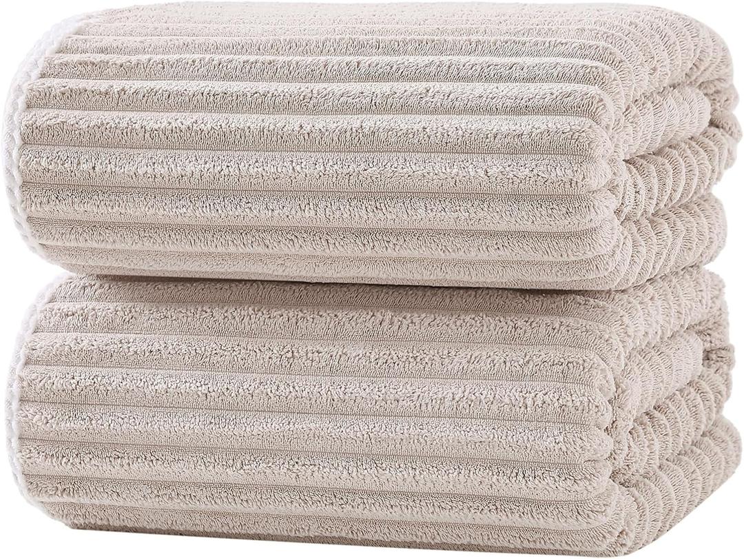 XIQ 39x79 Inches Bath Sheets Set Extra Large Bath Towels for Adults Luxury Super Soft Absorbent Striped with Hanging Loop Microfiber Shower Towels for Bathroom (Beige, 2PCS)