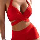 SweatyRocks Women's Criss Cross Halter Bikini Set High Waisted Bathing Suit with Boyshorts (Medium, Red)