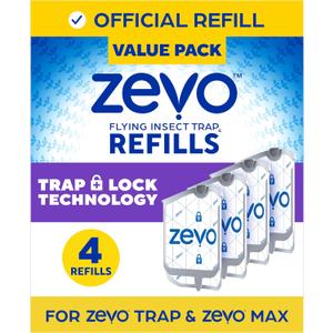 Zevo Flying Insect Trap Refill - for The Zevo MAX & Standard Indoor Fly Trap - Catch Gnats, House & Fruit Flies - Easy to Use - Mess-Free Disposal (4 Refill Cartridges)