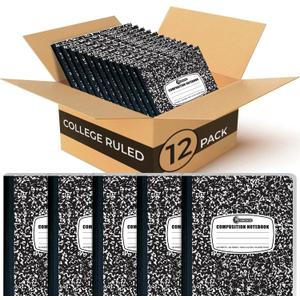 Rosmonde 12 Pack Composition Notebook College Ruled Bulk, 200 Pages (100 Sheets), 9-3/4 x 7-1/2, Hard Cover College Ruled Notebook Bulk, Black Marble Composition Notebook College Ruled, Bulk Notebooks