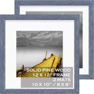 Tiblue Picture Frame, 12x12 inches, Distressed Rustic Blue, Solid Wood, 2 Packs with 4 Mats, Poster Frame, Vintage Style, Set of 2, 12x12“ Square Frame