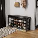 Shoe Bench with Leather Cushion, 3 Tiers Shoe Storage Bench Height Adjustable, Walnut Wood Entryway Bench for Hallway, Mudroom (Black)