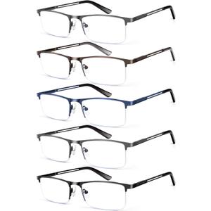 KONHAGO Blue Light Blocking Reading Glasses for Men, Half Frame Metal Readers Spring Hinge Eyeglasses Anti Eyestrain/Glare/UV (5 Pack Mix Color)