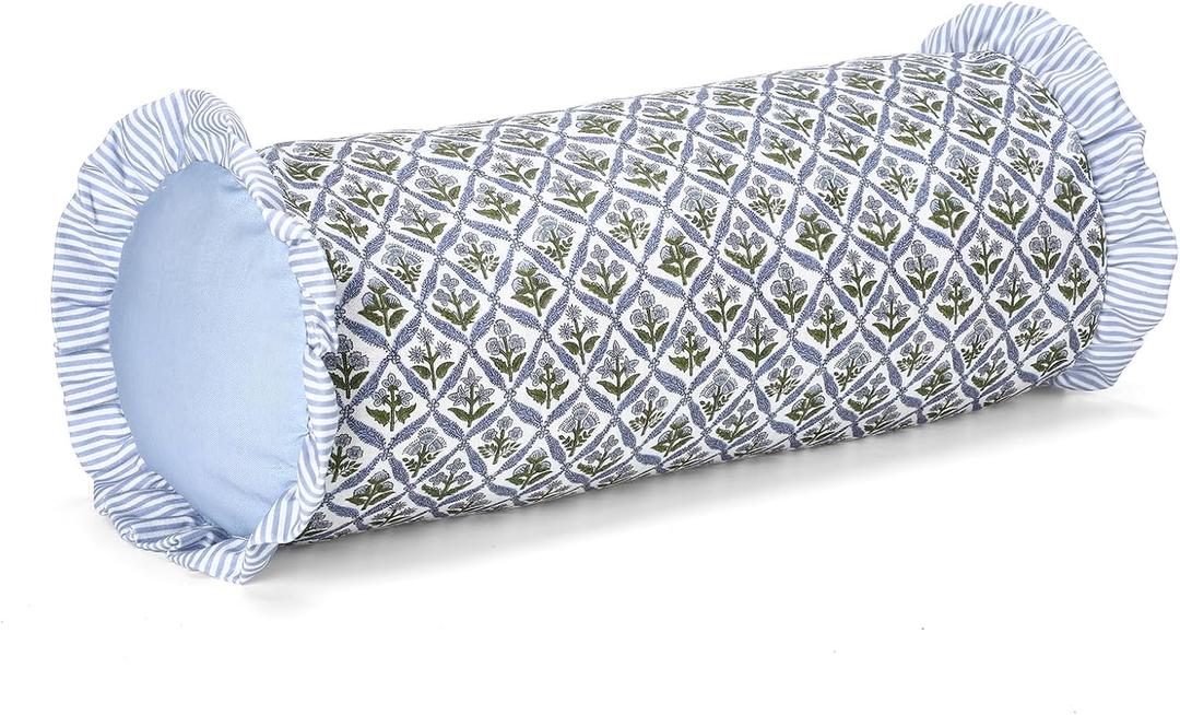 Ruffle Bolster Pillow Cover 8" x 20" Blue Block Print