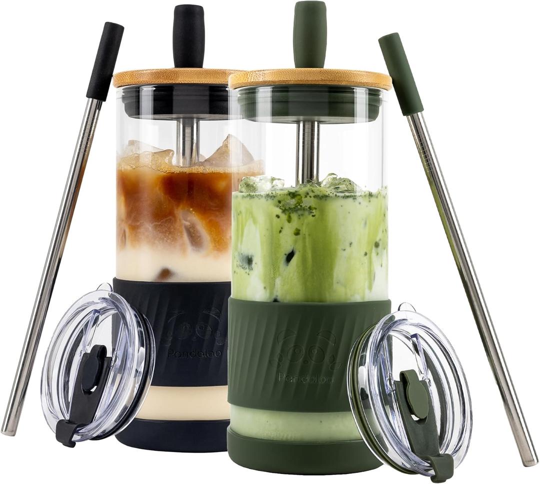 Pandaloo Glass Cups With Lids and Straws -20 Fl Oz- Perfect Size Iced Coffee Cup - Smoothie Cup With Bamboo Lid and On the go Lid - (2 Count (Pack of 1), Black Saphir-Mediterranean Olive)