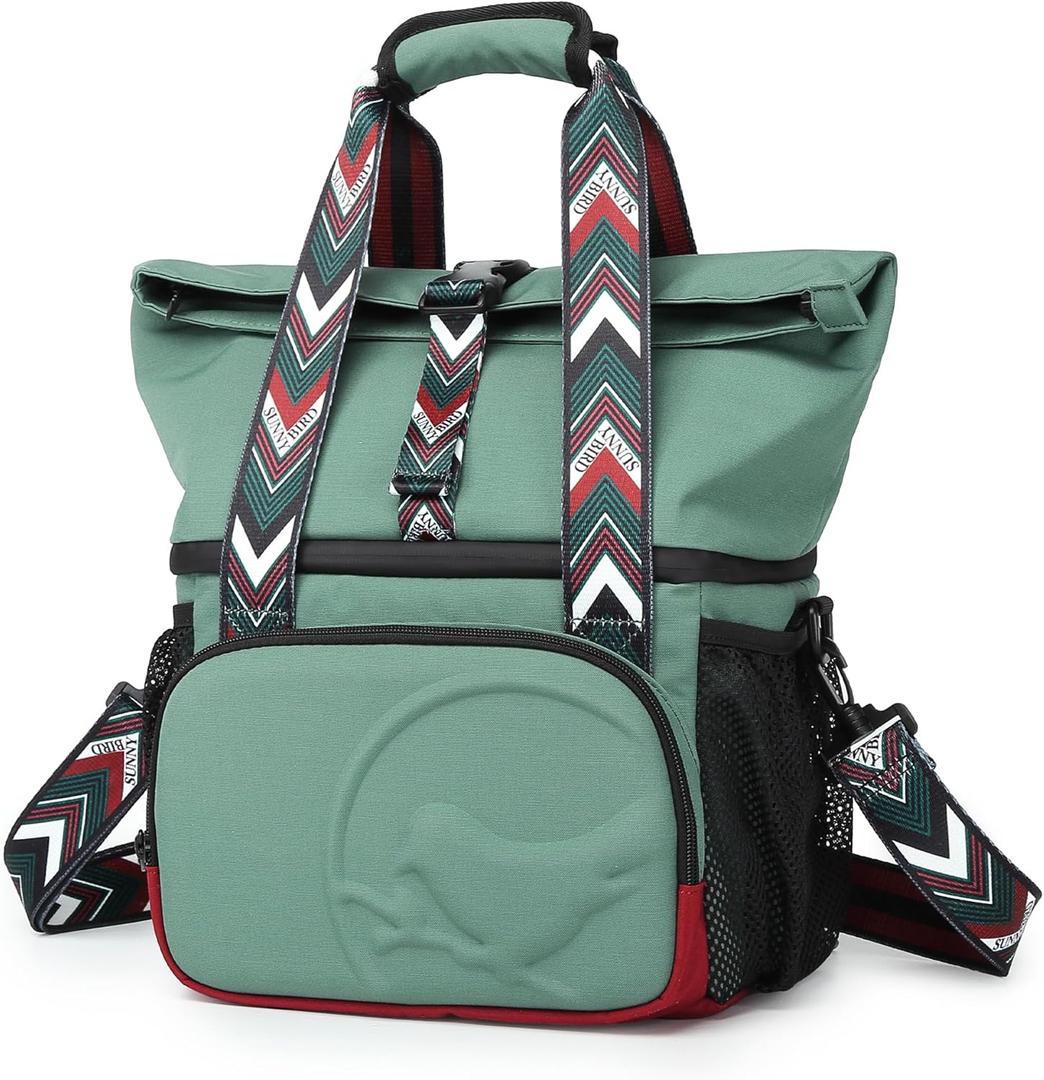 SUNNY BIRD Dual Compartment Lunch Bag Insulated Lunch Box for Women and Men (Green with boho strap)