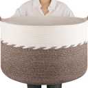 OIAHOMY 90L Blanket Basket for Living Room, Large Basket 23" x 23" x 13" with Handle, Laundry Hamper for Blankets, Pillows, Toy Storage for Kids, Dogs - Brown & White