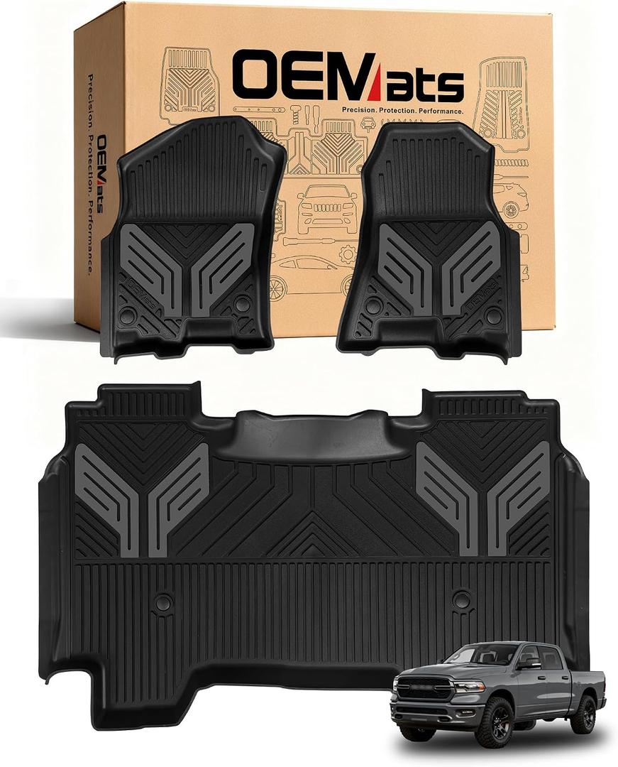 Premium Color TPE Floor Mats for Ram 1500 Crew Cab 2019–2024 | Bucket Seats | All-Weather Custom Fit Floor Liners Full Set | Titan Gray Wing Design | No Rear Under-Seat Storage (Not Classic)
