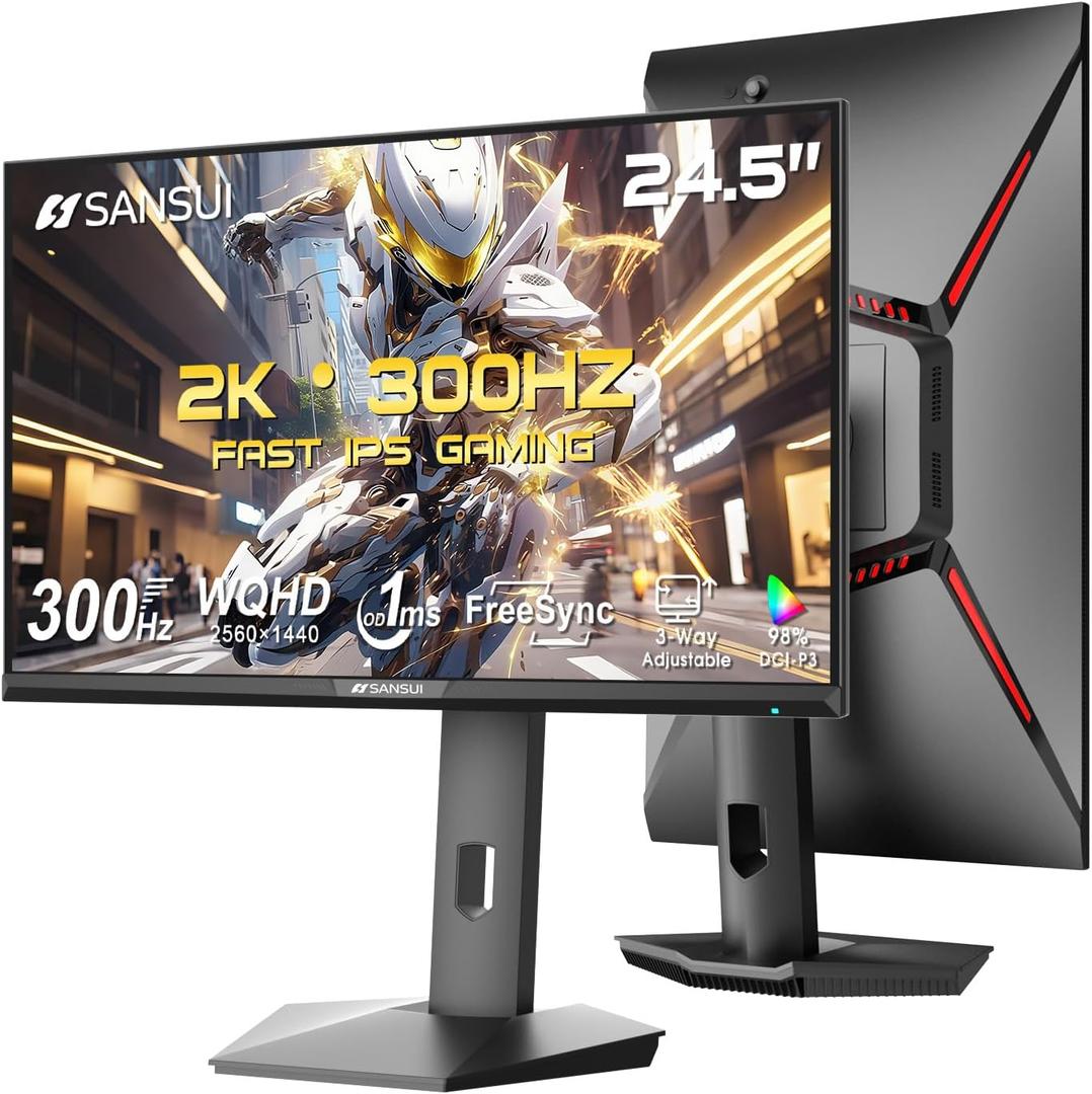 SANSUI 24.5 Inch Gaming Monitor 300Hz, QHD 25601440 Computer Monitor, 1ms Fast IPS Panel with 2 HDMI + 2 DP Ports, 130% sRGB Eye Care VESA Support (DP Cable Included ES-G25F6Q Pro)