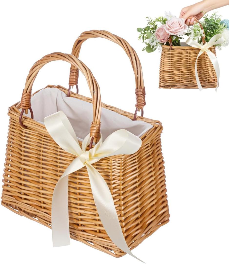 PRETYZOOM Rattan Basket with Handle Small Woven Flower Storage Bag Portable Decorative Basket for Wedding Party Home Garden (23.50X15.50X13.00CM, White)