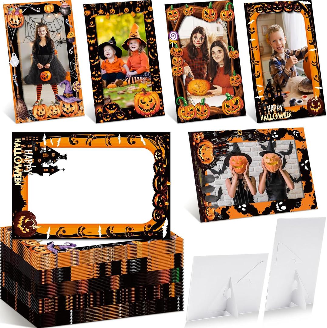 50 Pack Halloween Pumpkin Picture Frame 4 x 6 Paper Photo Ornament Bulk Pumpkin Cardboard Photo Gifts for Halloween Friendsgiving Decorations Birthday Party Favor Supplies