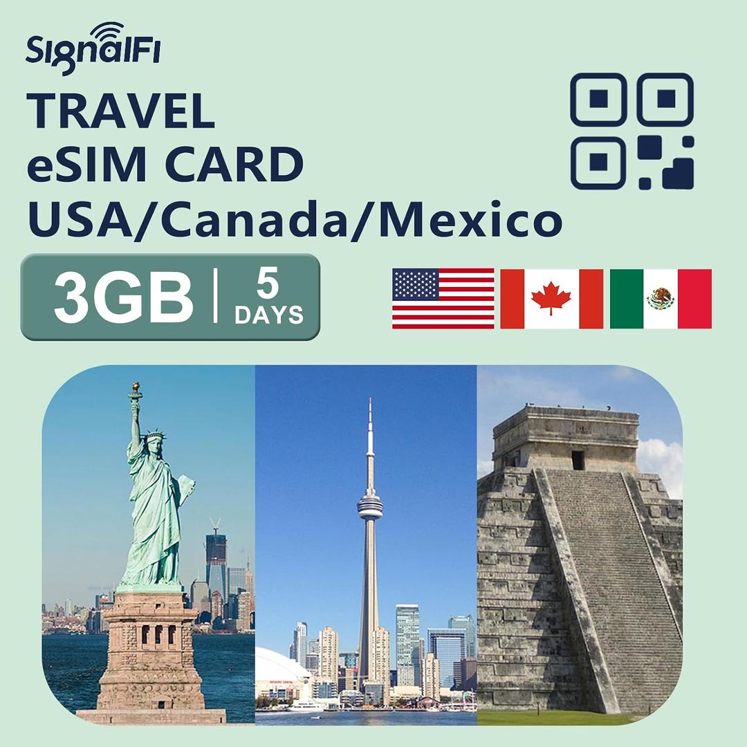 3 x USA Canada Mexico eSIM Card 3GB 5 Days Data ONLY,No Voice/SMS | Prepaid Card 4G High-Speed Data Plan, Travel eSIM for Tri-Country Coverag, Multi-Carrier for Unlocked iOS and Android