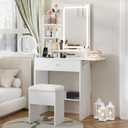 Haewon White Makeup Vanity Desk with Mirror and Lights, Vanity Table Set with Charging Station, Drawer, Storage Chair and Shelves, Dressing Table with Foldable Panel for Small Space Bedroom