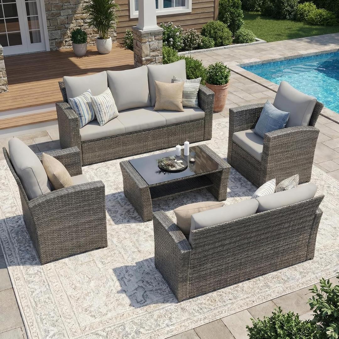 Wisteria Lane 5 Piece Patio Furniture Set, Wicker Outdoor Patio Conversation Furniture Set, All Weather Outdoor Patio Sofa with Cushion and Glass Table, Grey