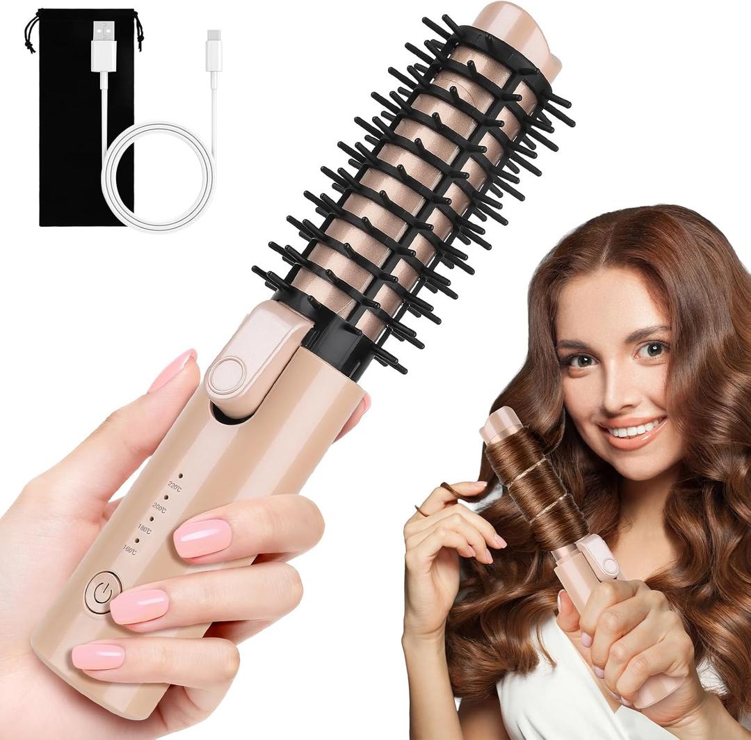 Cordless Curling Iron Brush, Mini Travel Hot Straightener Comb Curl Brush, Rechargeable 4 Temps Cordless Wand Blush with 200 Million Negative Ions for Curls Straightening Styling (Pink)