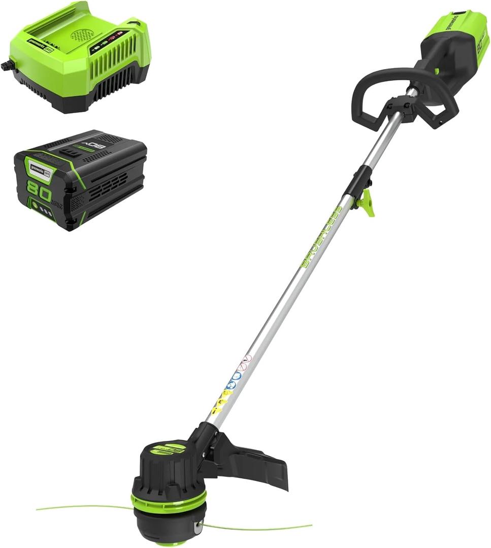 Greenworks 80V 16" Brushless Cordless String Trimmer with 2.0Ah Battery & Rapid Charger .080" Dual Line, Variable Speed, Lightweight Design, 16" Brushless - Gen 1
