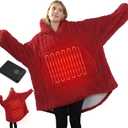 Dowin Heated Wearable Blanket Battery Powered, Come with 5000mAh Portable Rechargeable Charger, Cordless Wireless USB Fannel Sherpa Oversized Hoodie Sweatshirt, Machine Washable, Christmas Red