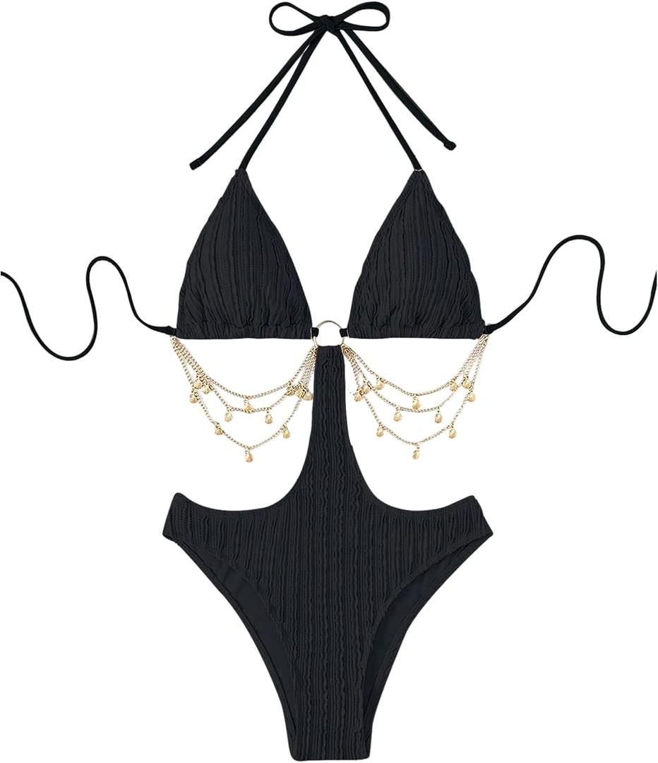WDIRARA Women's Chain Linked Cut Out Halter One Piece Swimsuit (Black, L)
