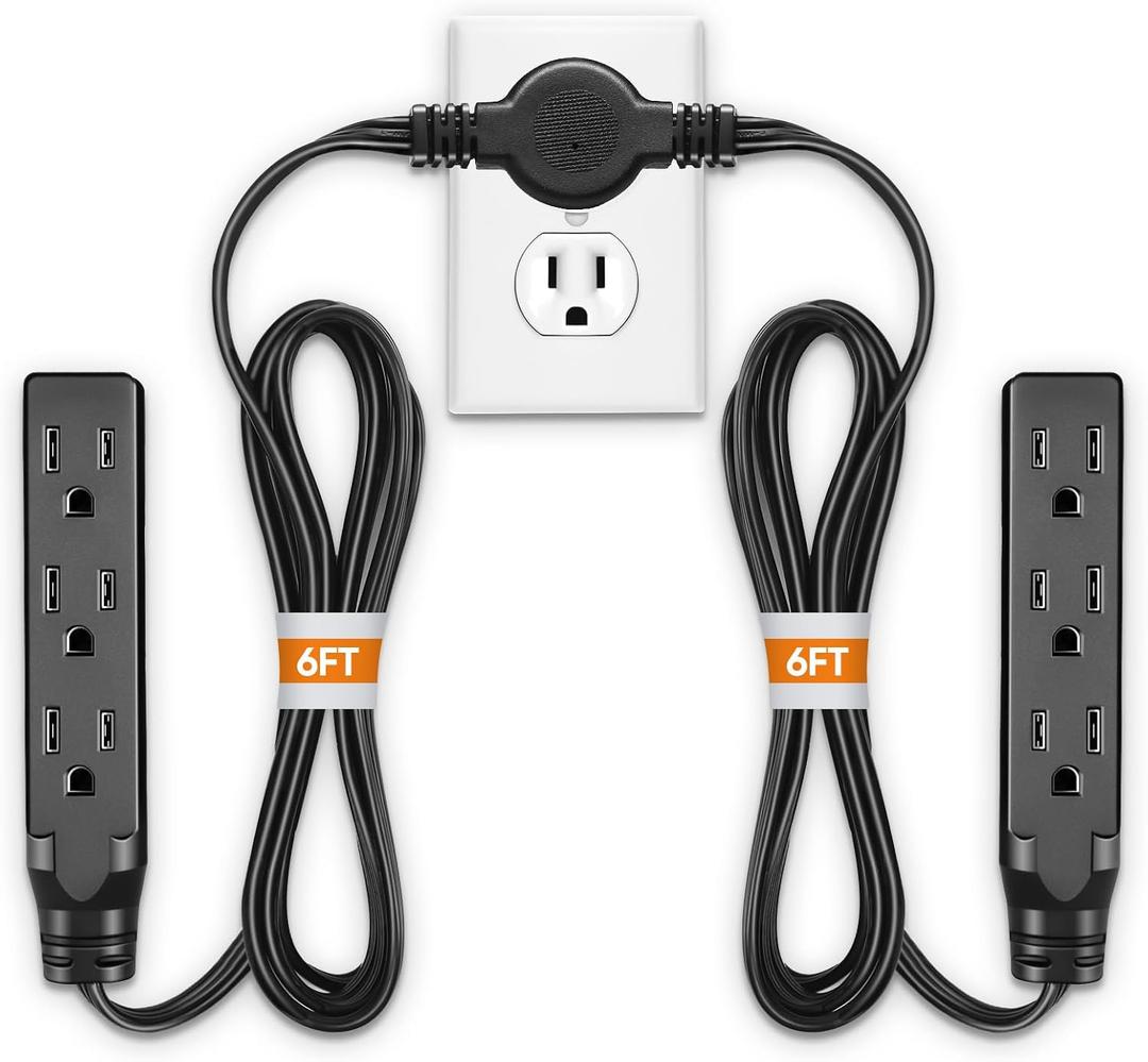 Twin Extension Cord Power Strip - 12FT Dual Extension with Flat Wall Plug, Split Extension Cord with Multiple Outlets,Double Head Outlet for Behind Bed, Couch,Indoor Flush Design(Black)