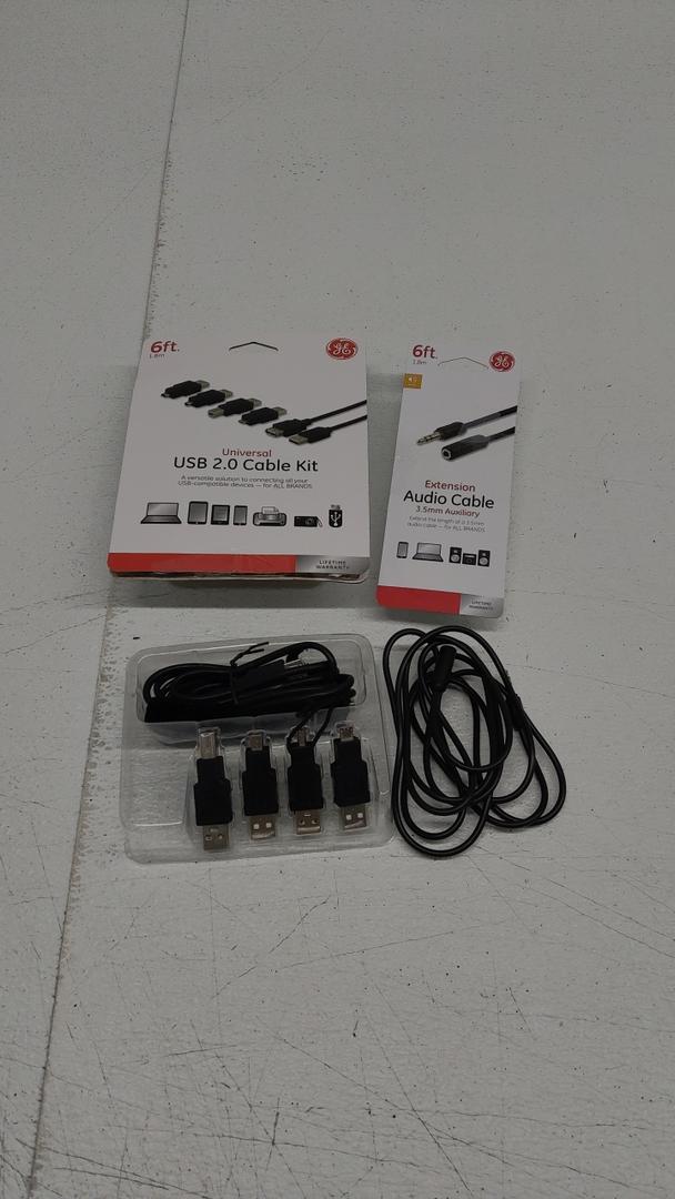 Pack of 2: 1) GE Universal USB 2.0 Adapter Kit, Compatible with All USB-compatible Devices, Black; 2) GE 3.5mm Auxiliary Extension Audio Cable - Black, 6 ft 