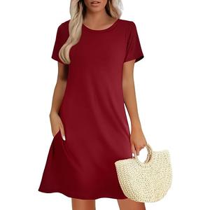 Women's Summer A-Line Dress Mini Short Sleeve T Shirt Dress Flowy Sundresses Beach Cover Ups 2025 Vacation S (WineRed)