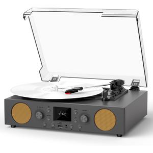 3-Speed Belt-Driven Record Player with Built-in Speakers, Bluetooth Turntable with FM Radio, USB Recording, RCA Line Out, AUX in & Auto Stop  Grey