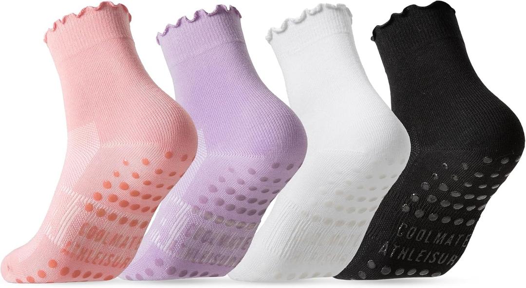 CoolMate Pilates Socks with Grips for Women, Yoga Socks, Crew Non Slip Women for Barre, Pilates Gifts for Women (A-06k. 4 Pairs Ruffle Black/White/Light Purple/Pink)
