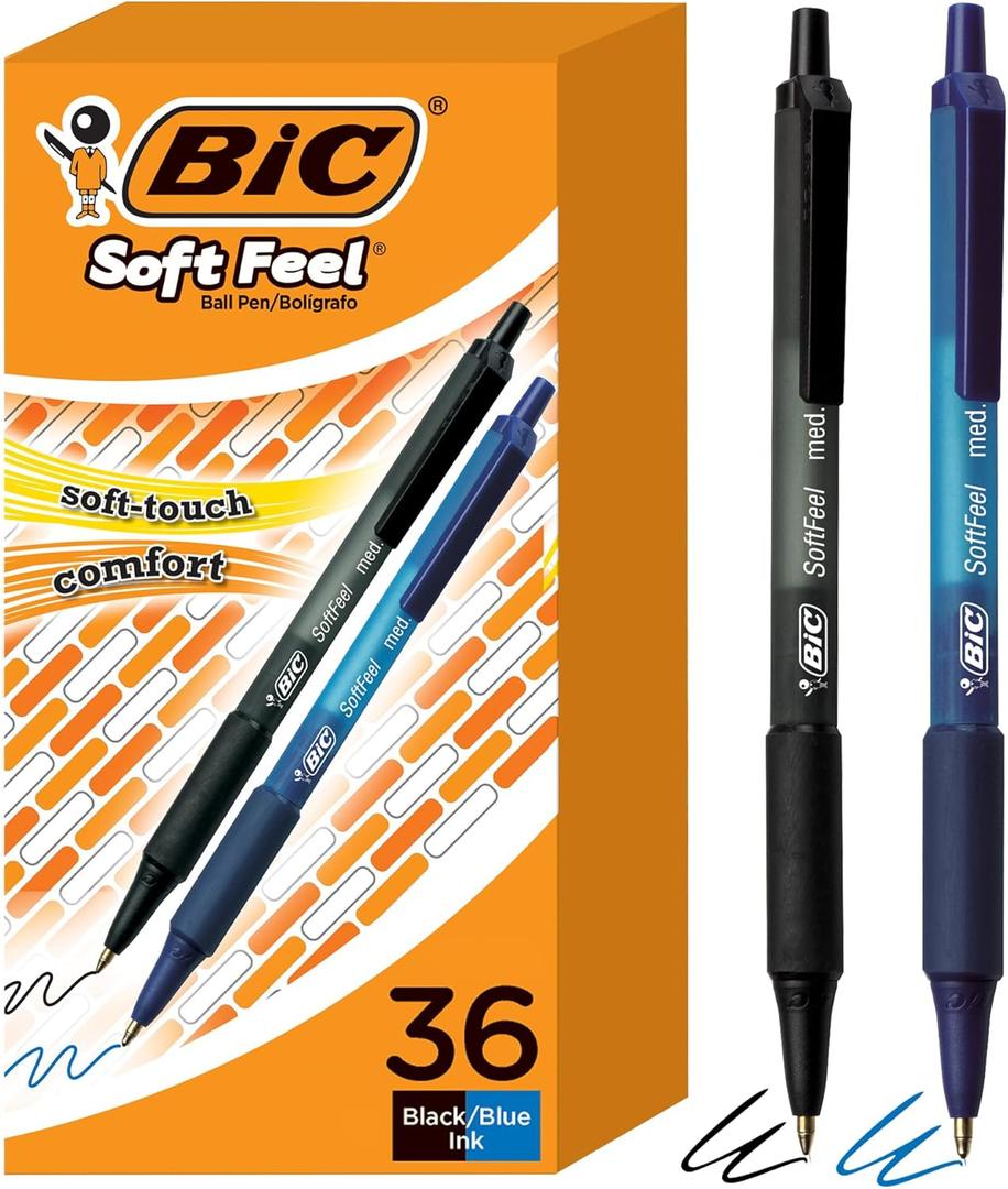 BIC Soft Feel Retractable Ballpoint Pen with 1.0 mm Medium Point and No-Slip Grip, 36-Count in Assorted Ink (Black and Blue)