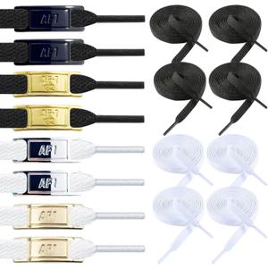 Shoe Lace Charms for Air Force 1 Laces, 4 Pairs of Original Sneakers Replacement Metal Lace Tag and Black White Shoe Laces String, Adult Teen Personalized Decoration Buckle Kit for AF1 Shoelaces