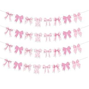 Neyeidru Bow Birthday Decorations Banner - 4Pcs Pink Bow Banner for Coquette Birthday Decorations Bow Garland Bunting for Girls Bow Party Decor Favor Supplies