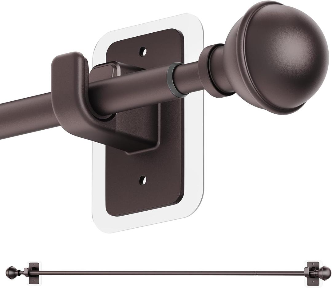 ENJOYBASICS No Drill Curtain Rods for Window 48 to 84 Inches, 5/8 Inch Diameter Renter Friendly Drapery Rod with Adhesive Brackets without Drilling, Adjustable from 27 to 90 Inches, Bronze