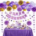 Purple Birthday Decorations for Women & Girls with Butterfly Hanging Garland, Happy Birthday Banner, Balloons, Paper Flowers & Cake Toppers