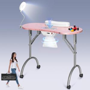 VIVOHOME Portable Manicure Nail Table on Wheels with Built-in Dust Collector, Updated USB-Plug LED Table Lamp, Carry Bag for Home Spa Beauty Salon Workstation, Pink (Pink)