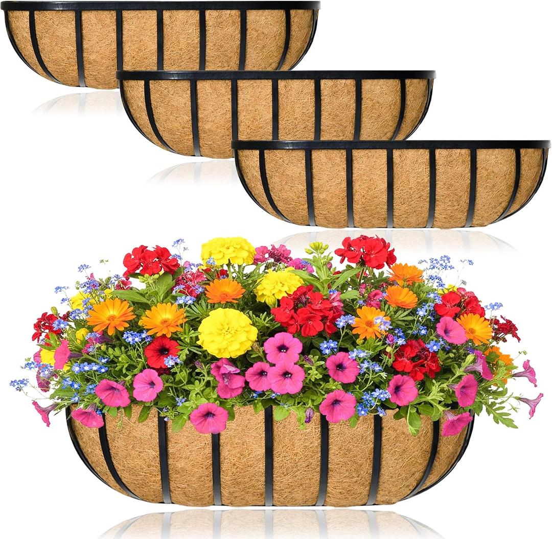 Window Box Railing Planter with Coco Liner 4 Pack 24 Inch Metal Hanging Flower Planter Deck Railing Planters Boxes for Balcony Outdoor Plants Fence Porch Patio