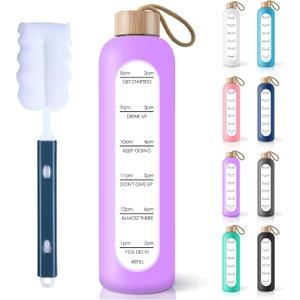 PROBTTL 32 Oz Borosilicate Glass Water Bottle with Time Marker Reminder Quotes, 1 Liter Leak Proof Reusable BPA Free Motivational Water Bottles with Silicone Sleeve and Bamboo Lid (Violet)