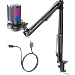 Gaming Microphone, USB PC Mic for Podcasts Videos, Streaming, Condenser Mic with Quick Mute, Tripod Stand, Pop Filter, RGB Indicator, Shock Mount, Rotate gain button, Compatible with PS4/5/PC (With Boom Arm)