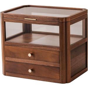 Walnut Wood & Glass Storage Cabinets Desktop Organizers Countertop with Drawers (SYJ-SCWD02)