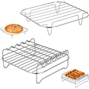 2 Pcs Air Fryer Rack Square, Stackable Multi-Layer Stainless Steel Dehydrator Rack, Square Air Fryer Accessories, Metal Double Layer Wire Racks