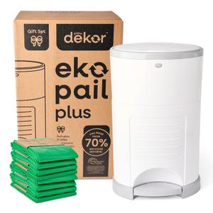 Diaper Dekor EKO Plus Diaper Pail Gift Set, White | ONLY Eco-Friendly Diaper Pail Made with 70% Recycled Materials | Comes with up to a Year's Supply Worth of Diaper Dekor Refills!