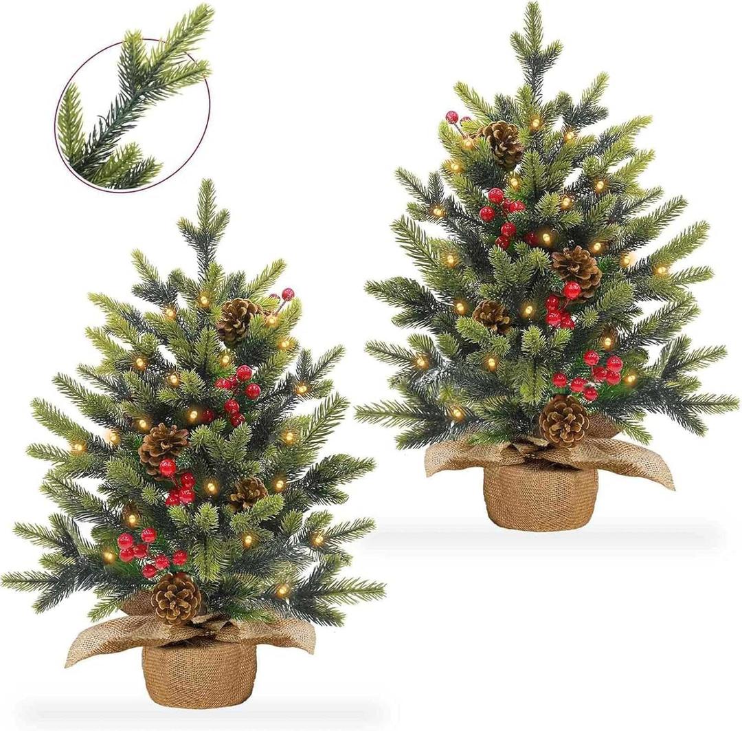 2 Pack 24 Inch Tabletop Small Christmas Trees with Lights Timer Realistic-Feel PE Pine 2 Ft Artificial Mini Christmas Tree Battery Operated Red Berries Pinecone Christmas Decoration Indoor Xmas