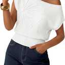 ZESICA Women's Summer Off Shoulder Short Sleeve Sweater Vest 2026 Floral Knit Loose Going Out Tops Trendy Cute Clothes, White, X-Large