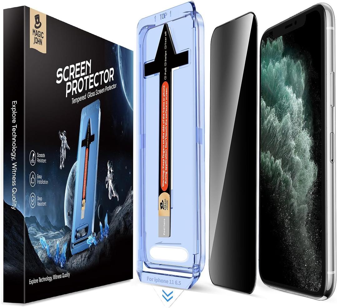 MAGIC JOHN 2 Pack for iPhone 11 Pro Max 6.5 inch Privacy Glass Screen Protector, Auto Dust-Elimination Installation, Bubble Free, Easy Installation