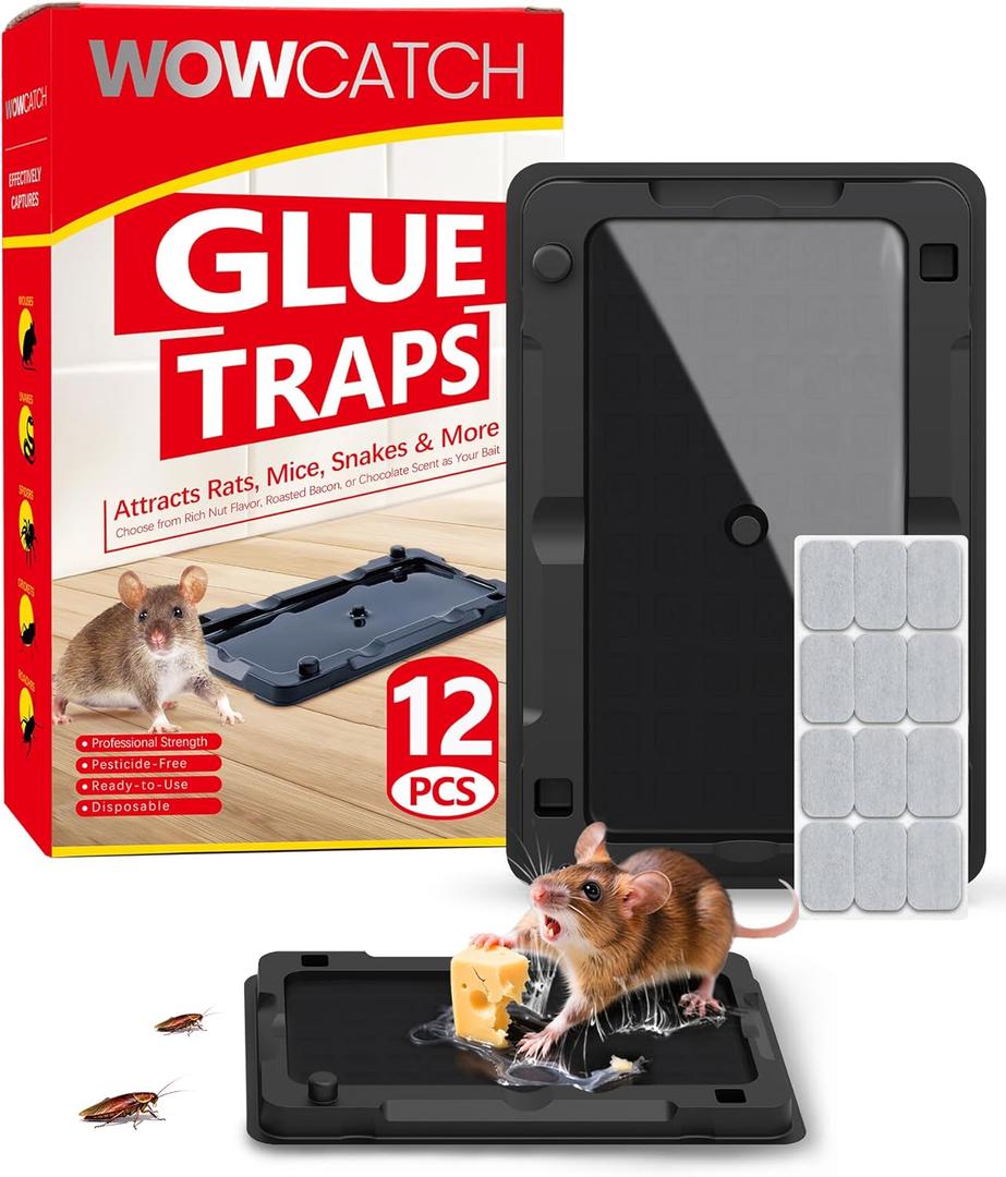 Sticky Mouse Traps Indoor for Home -12 Pk Bulk Pack Pre-baited Glue Traps for Roaches, Spider, Rodent Catcher for Kitchen, Garage, Glue Boards for Insects, Pet Safe Pest Control, Non-Toxic