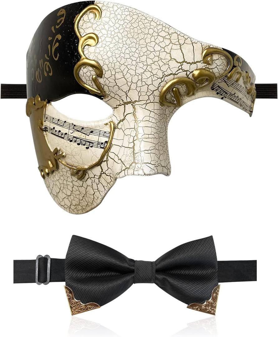 IncreDecor Masquerade Mask for Men Phantom of The Opera Half Face Mask with Bowtie, Venetian Masks for Halloween Party (Black)
